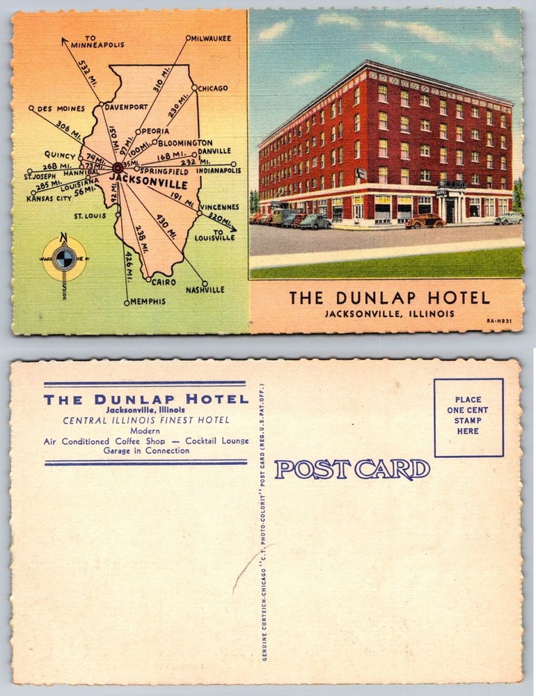 Vintage Dunlap Hotel Jacksonville IL Illinois Map Linen Postcard Curteich