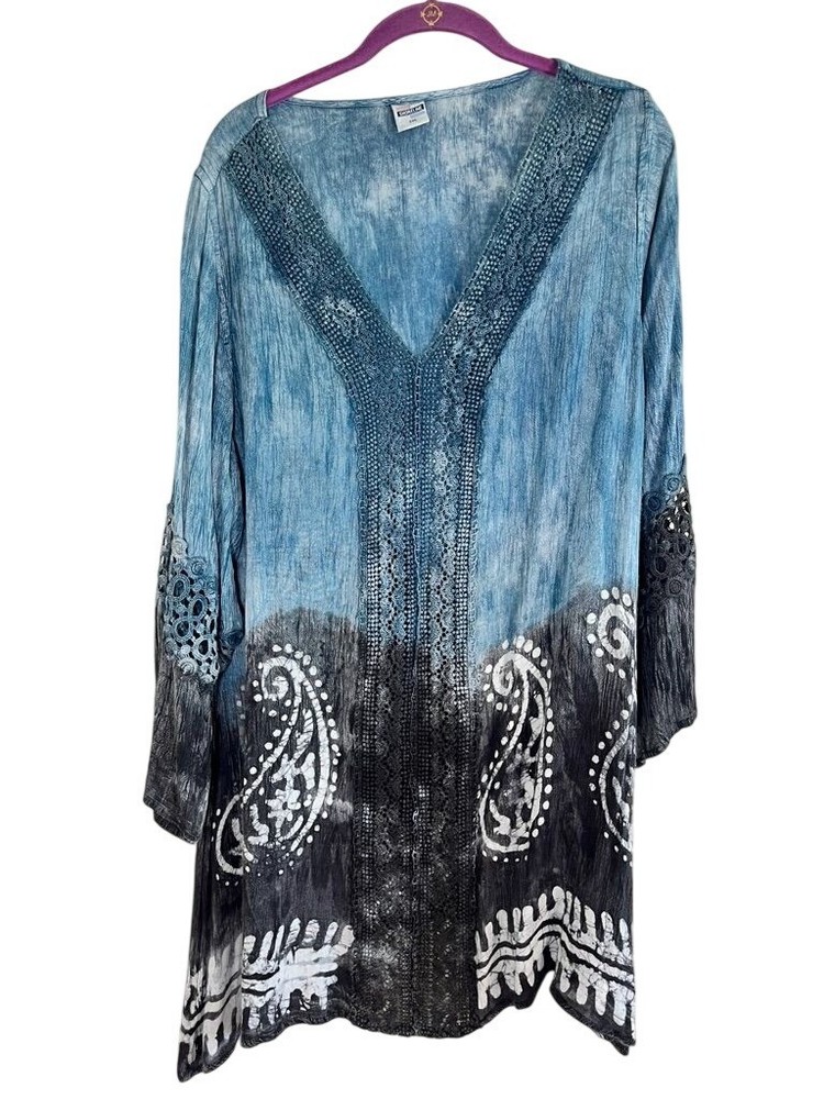Colorful Floral Lace Tie Dye Tunic Top 2X Boho Indie Festival Earthy Granola 90s