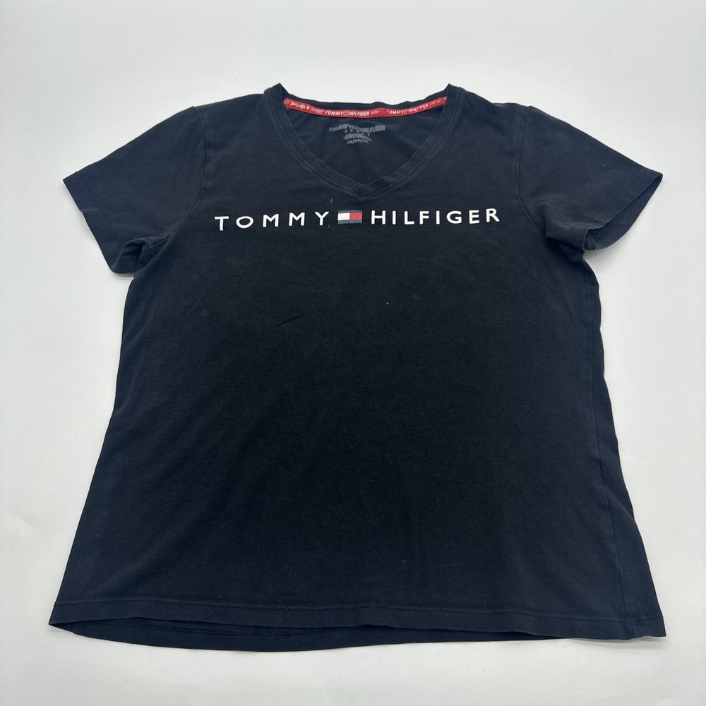 Tommy Hilfiger Sports T-Shirt Women S Black Logo  V-Neck ..#31697