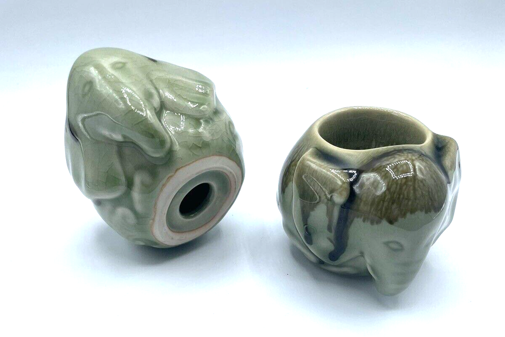 Pair of Elephant Votive Tea Light Candle Holders crackle Green