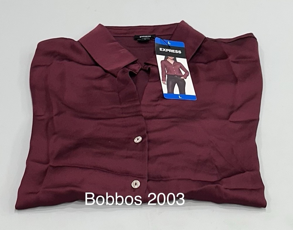 Express Women's Button Down V-Neck Long Sleeves Satin Shirt, Dark Red, Size L