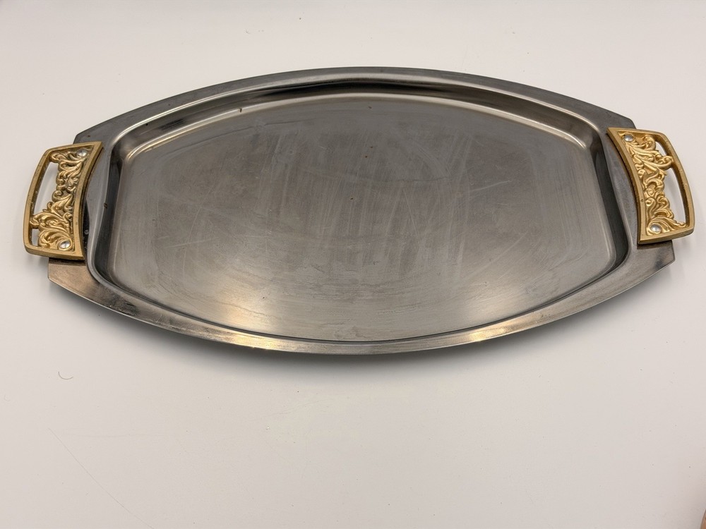 Vintage Kromex Metal Oval Serving Tray With Gold Handles Art Deco MCM 3