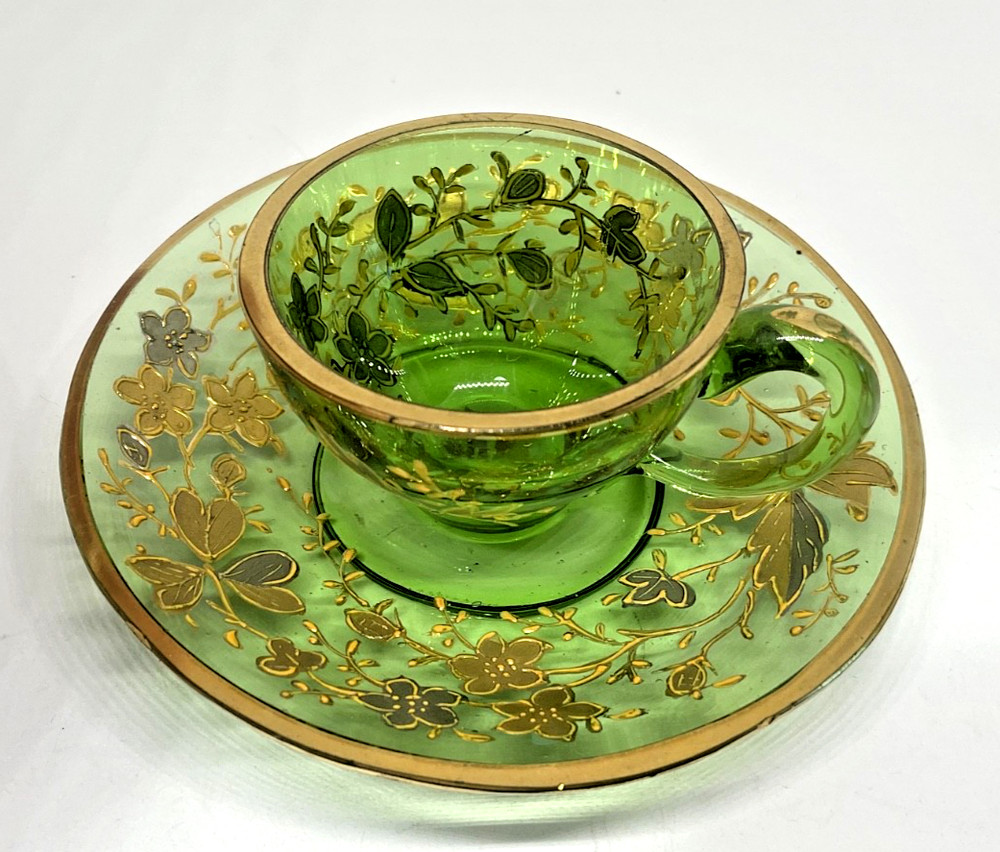 Antique Moser Bohemia Green Ombre Gold Overlay Glass Demitasse Cup & Saucer