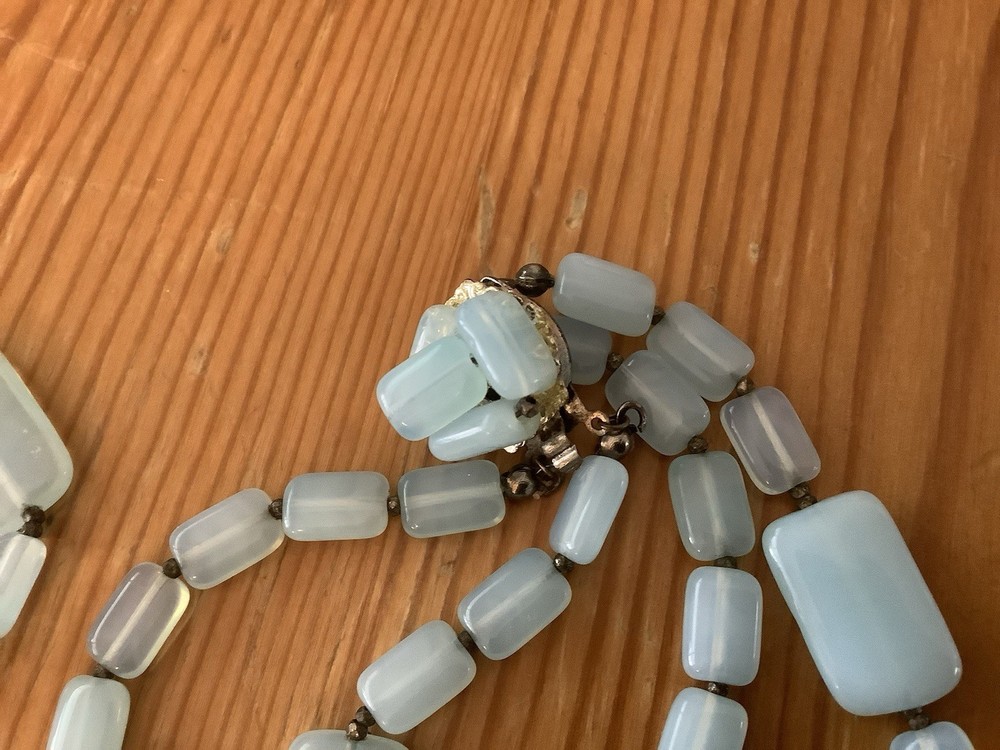 Miriam Haskell Vintage signed Necklace, Blue Glass, 30 Inches Double Strand