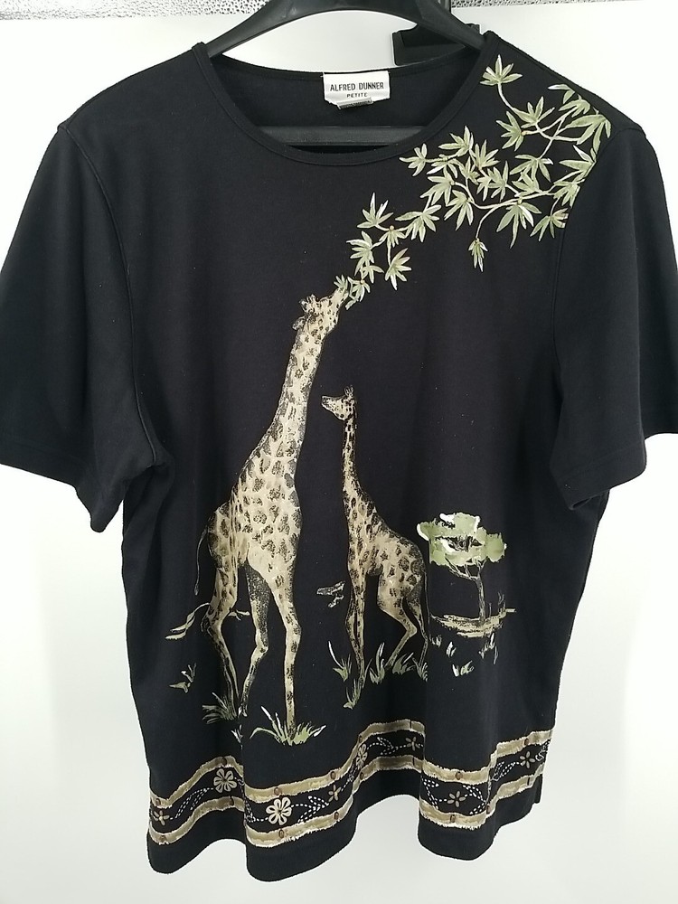 Alfred Dunner Womens Giraffe Safari Short Sleeve Top Size Petite PL Black