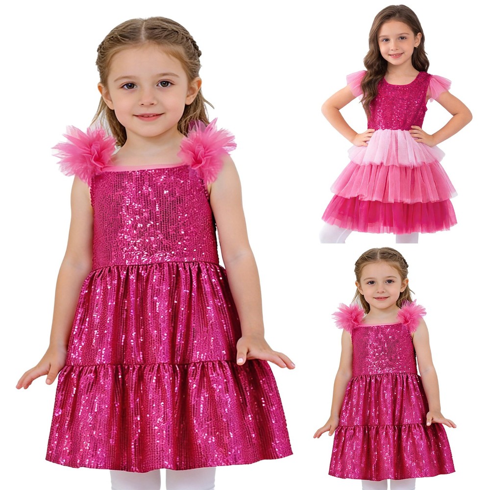 Kids Girls Costume Ruffled Sleeves Dresses Recital Dress Sequins Hot Pink Party