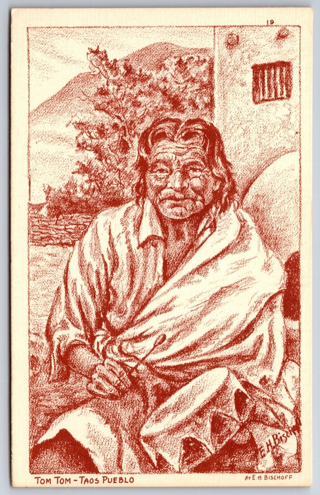 Sketches~New Mexico~Tom-Tom W/ Drum @ Taos Pueblo~Eukabi Pub Vintage Postcard