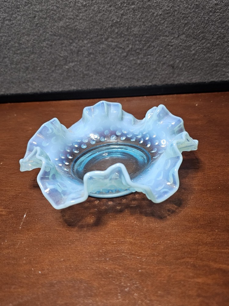 Vintage Fenton Blue Opalescent Hobnail Ruffled Edge Glass Plate Dish