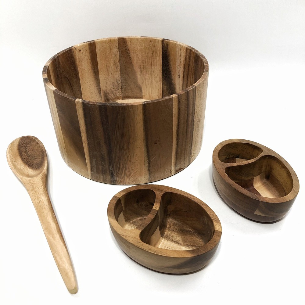 Acacia Wood Salad Set 1 Large Serving with 2 Individual Bowls & 1 Spoon-image