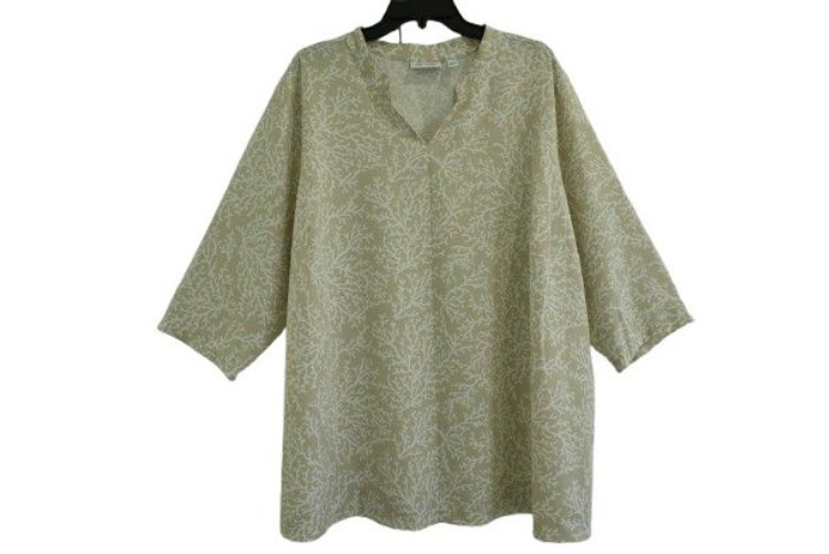 LN Denim & Co. Coral Print V-Neck 3/4-Sleeve Tunic Top Beige 2X Coastal