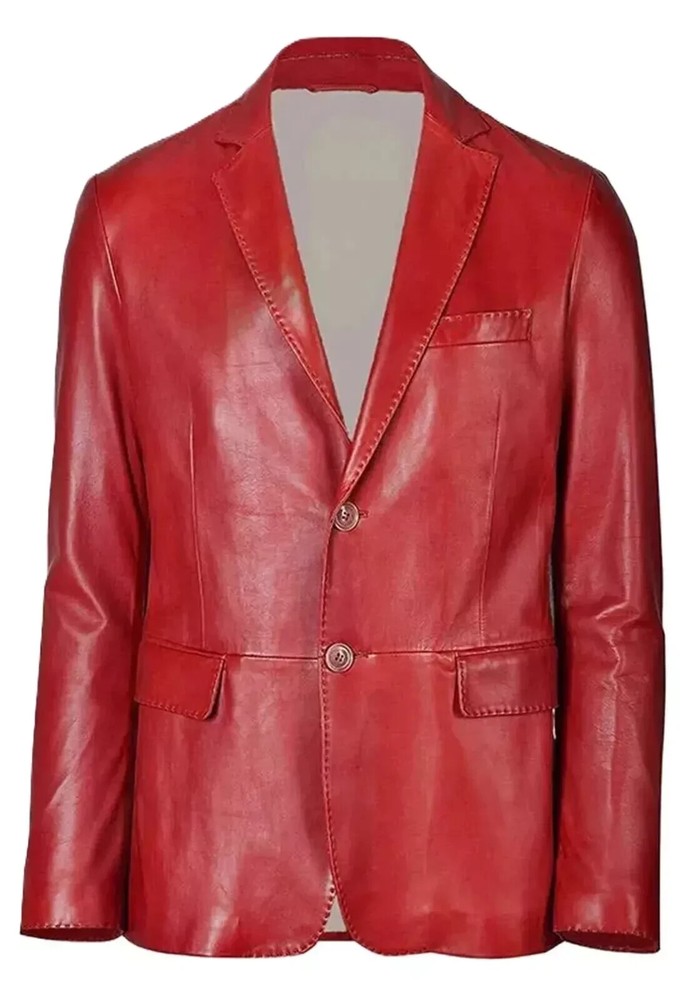 Men's Red 100% Real Lambskin Leather Blazer Two Button Casual Formal Wear Coat