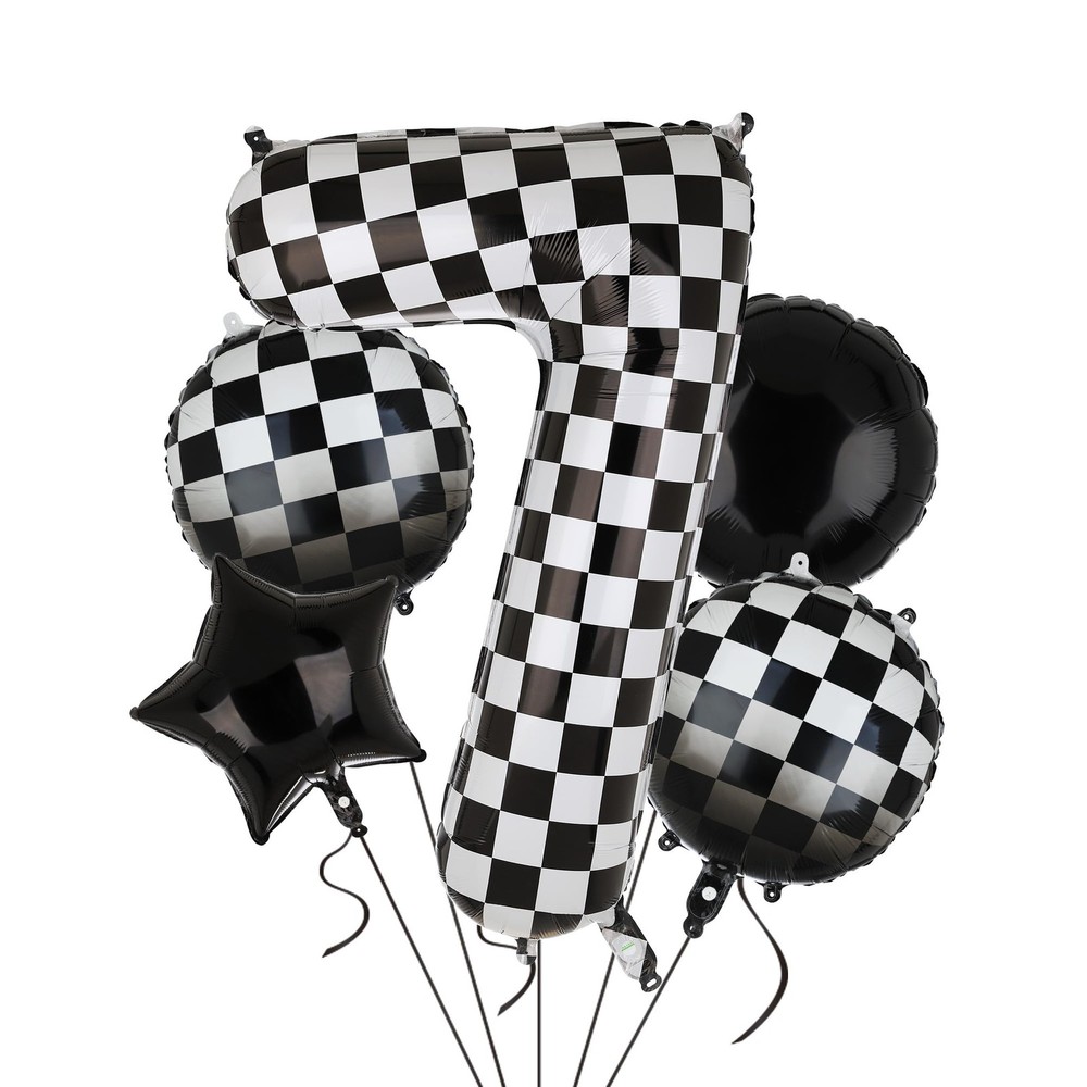 40 Inch Checkered Number Balloon 7 Black and White Race Car Birthday Balloons...