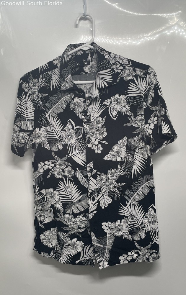 Express Mens Black And White Floral Short Sleeve Button-Up Shirt Size XS