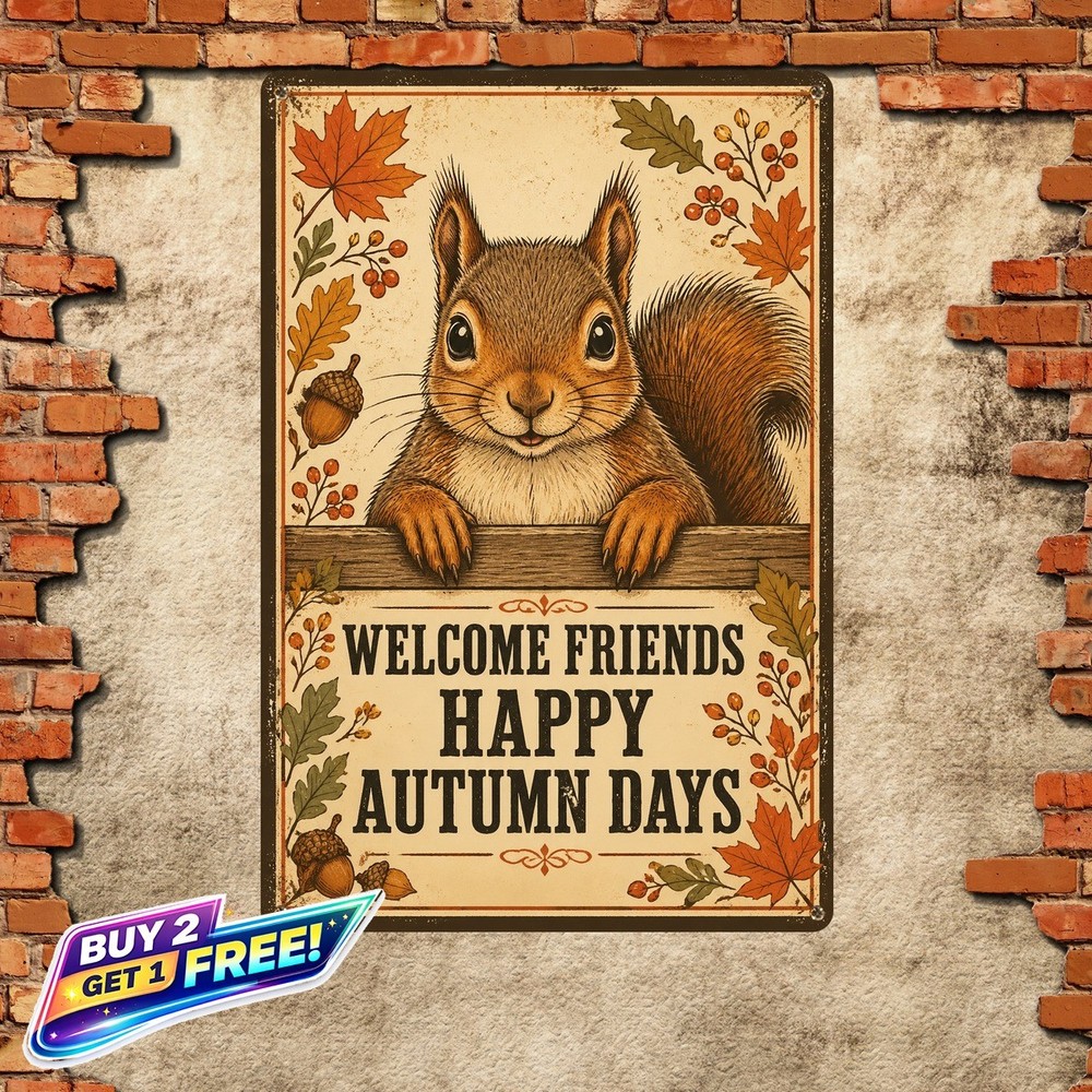 Autumn Welcome Squirrel Fall Theme Metal Sign Porch Decor