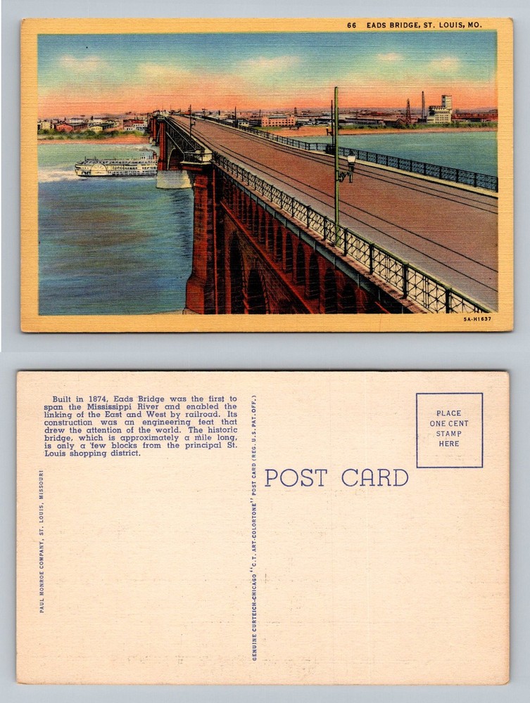 St Louis, MO-Missouri, Eads Bridge Mississippi River Steamboat Vintage Postcard