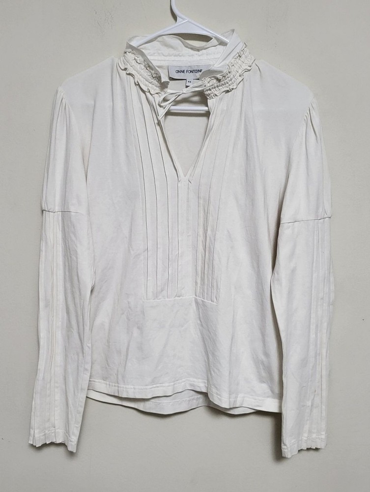 Anne Fontaine Pleated Ruffle White‎ Long Sleeve Blouse Size 44 Quiet Luxury