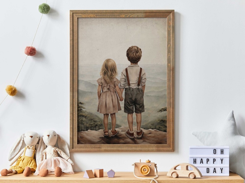 Vintage Sibling Love Art Print Brother Blonde Sister Adventure Family Bonding
