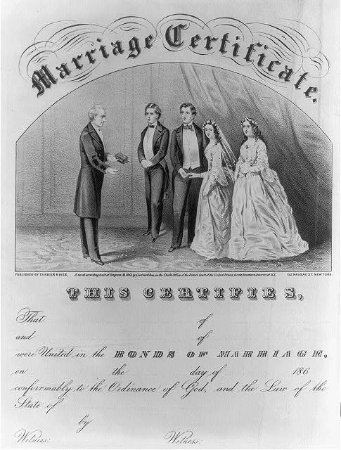 Photo:Photo of Marriage certificate 3,c1869,Currier & Ives,Bride,Groom