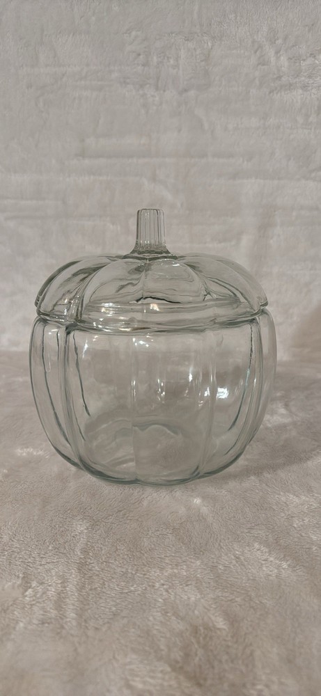 Vintage Anchor Hocking Clear Fall Glass Pumpkin Cookie Jar Candy Dish Canister