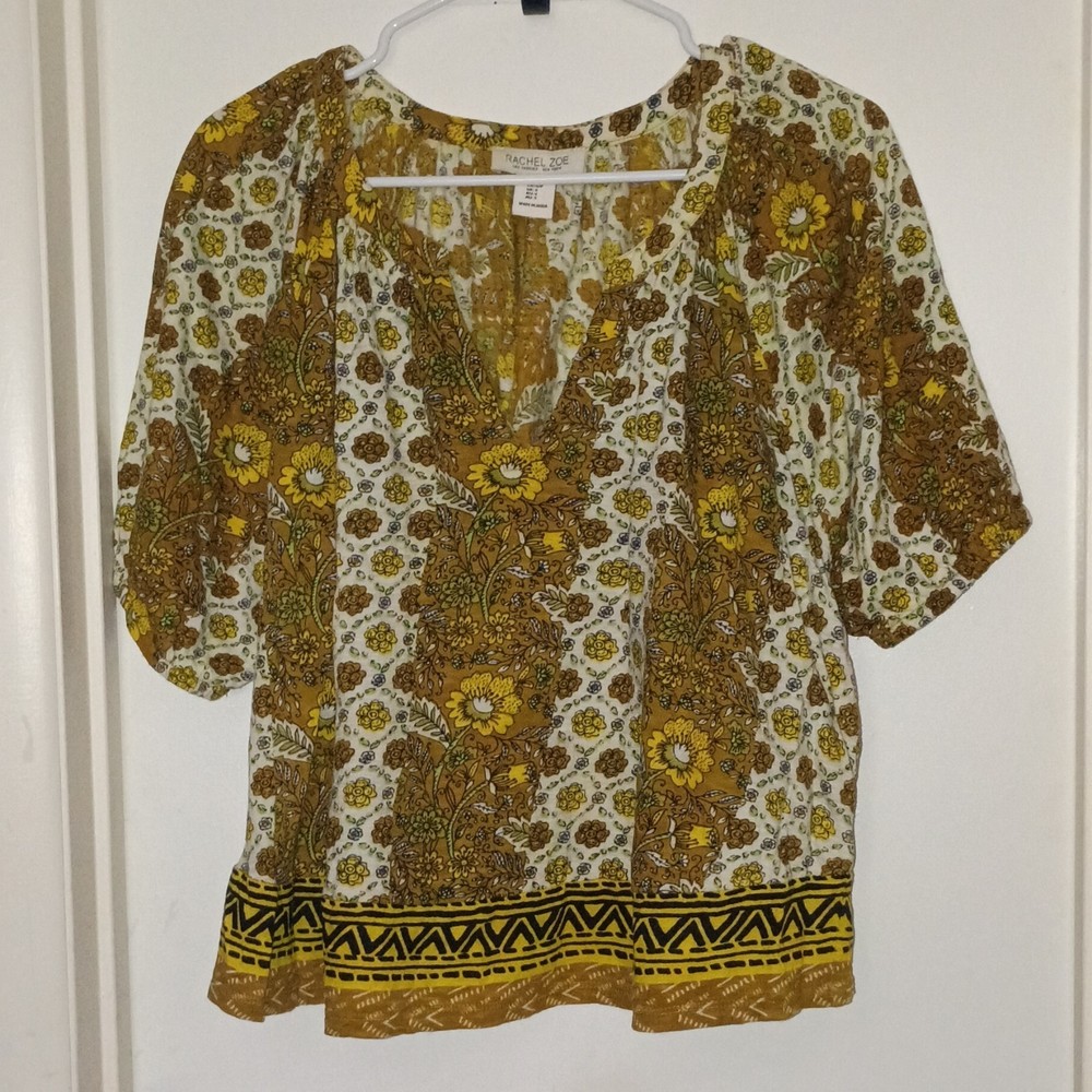 Rachel Zoe Women's Brown/Yellow/White Floral Silk Chiffon V-Neck Blouse Size S