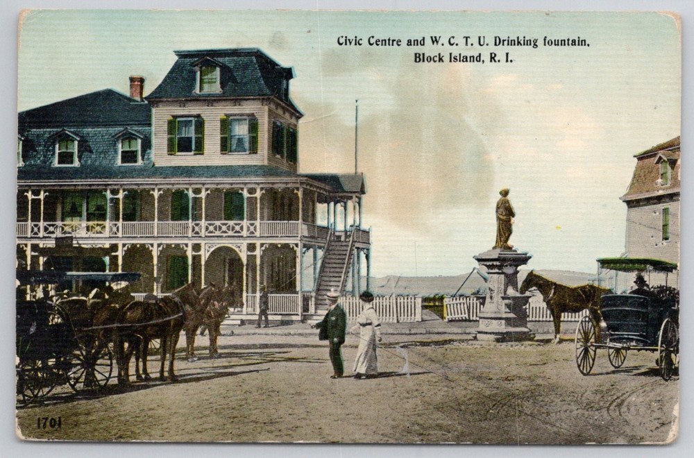 Block Island RI Civic Centre WCTU Fountain Horses Vintage Postcard 1947