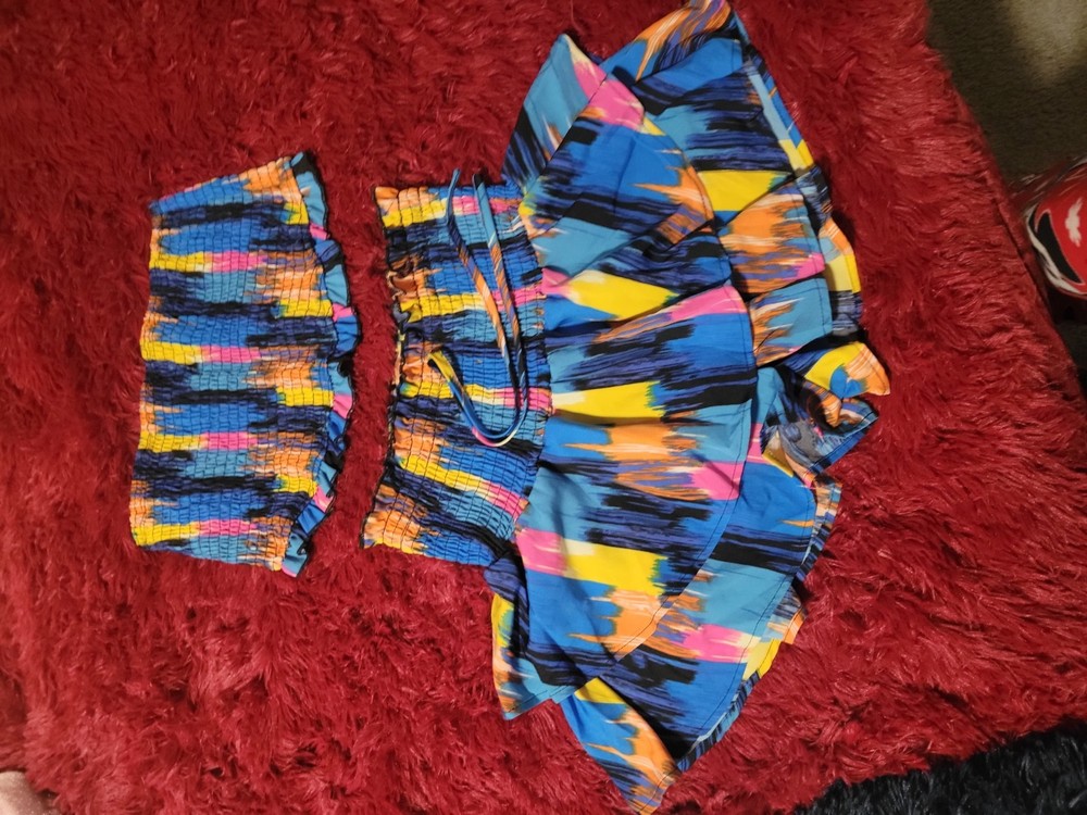 Multicolor Abstract 2 Piece Skirt and Sleeveless Top Set, Drawstring, Size S