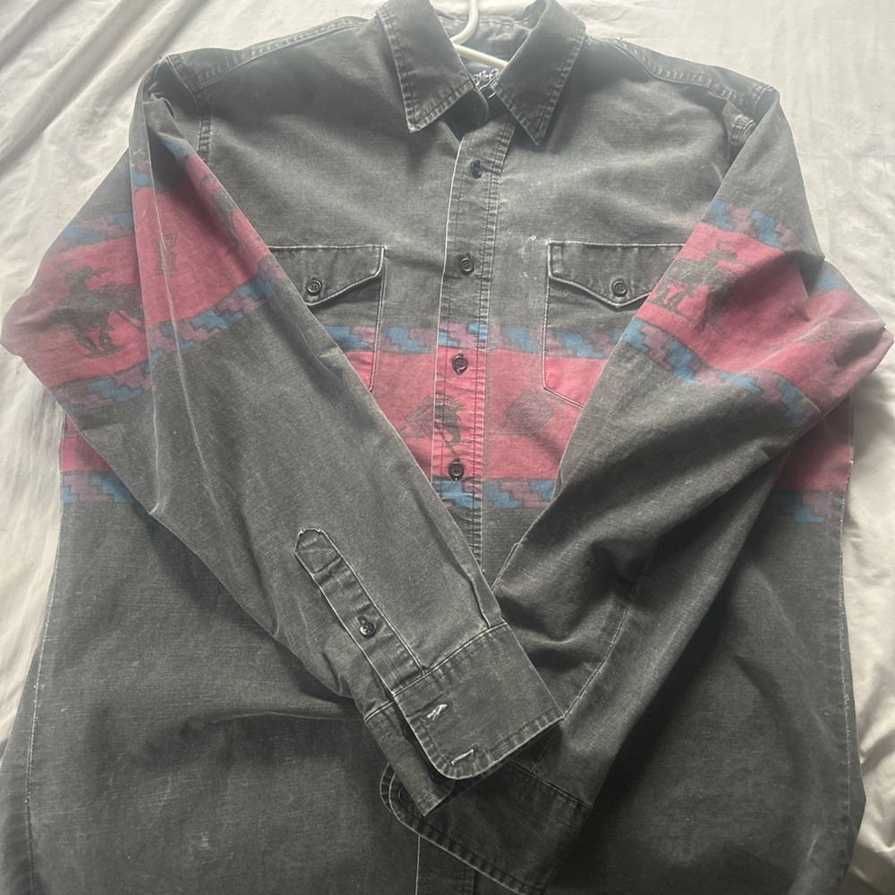 Vintage Wrangler Brushpopper Shirt Mens 17 x 35 Aztec End of Trail Black Pink