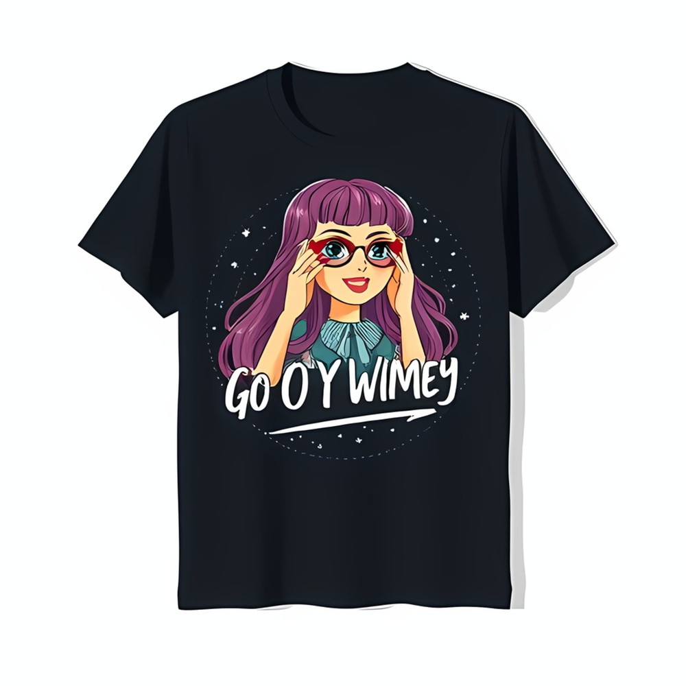 Black T-Shirt with Cartoon Girl in Heart Glasses & Star Circle 'GO OY WIMEY'