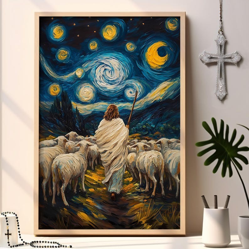 Jesus Christ the Shepard Starry Night Style – Shepherd of Faithful Paths Poster
