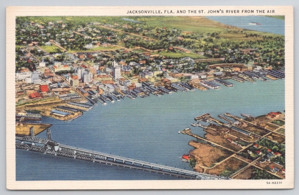 Jacksonville FL Aerial View St. Johns River Bridge Curt Teich Postcard