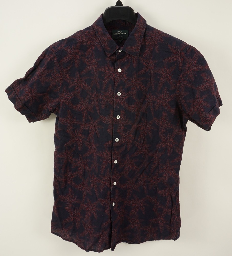 Rodd & Gunn Men's Large Short Sleeve Blue Red Linen Blend Floral Button Up Shirt