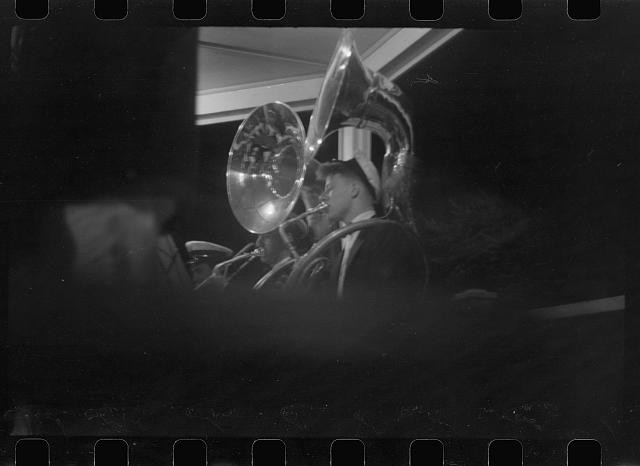 Photo:1930s Brass Band Musician Sousaphone Tuba Portrait Black and White