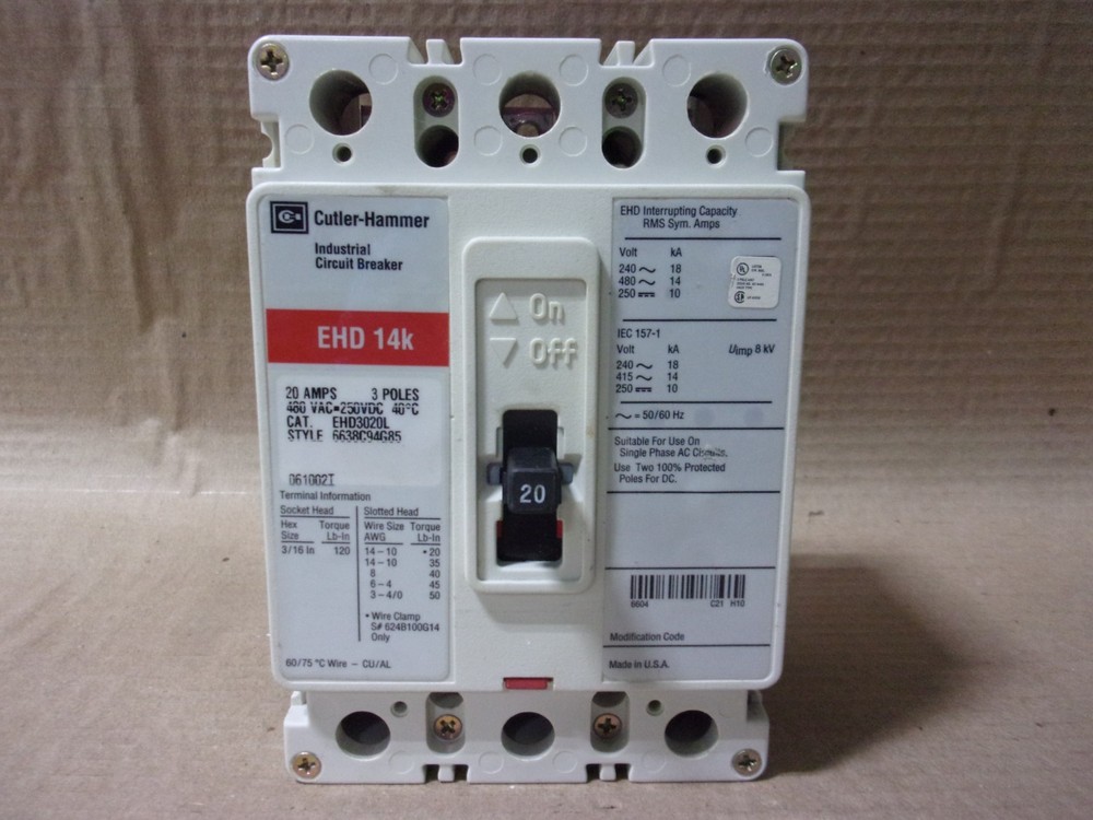 Cutler Hammer Eaton Ehd Ehd3020L 20 Amp 480V Circuit Breaker Ehd3020 Ak