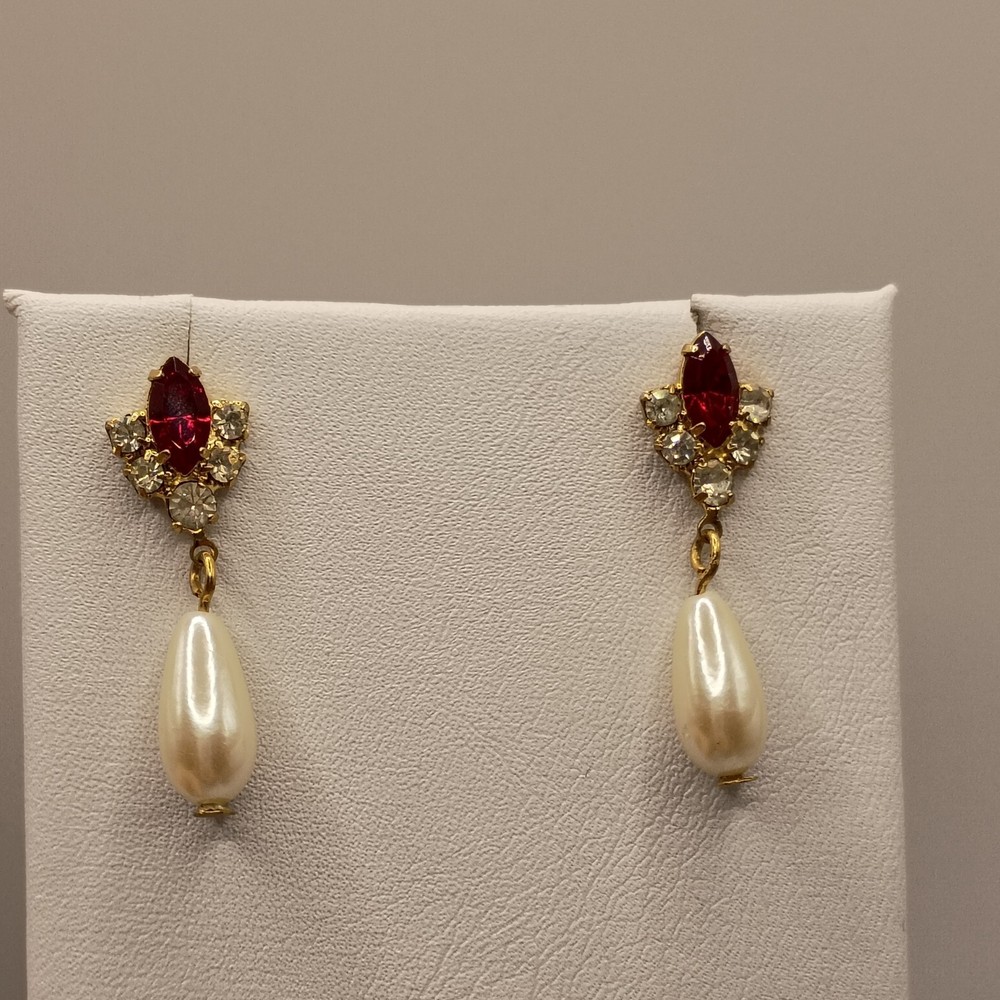 Vintage Red Crystal Rhinestone Faux Pearl Drop Earrings Gold Tone READ
