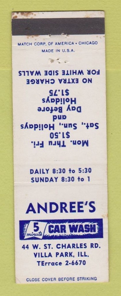 Matchbook Cover - Andree's Car Wash Villa Park IL