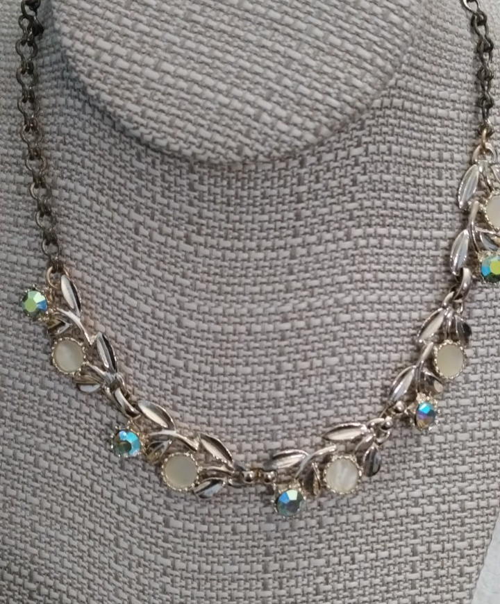 Vtg Coro Baby Blue Glass Necklace Choker Cabochon Moonglow Givre Rhinestone