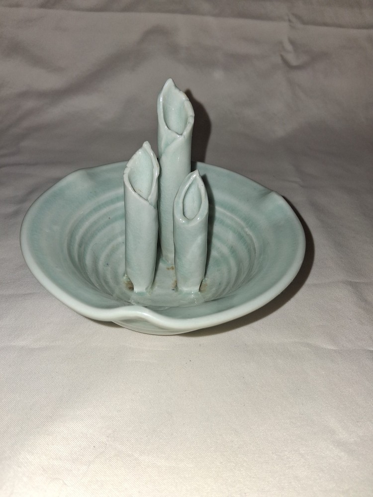 Glaze Studio Art Pottery 3 Tube Ikebana Flower Vase Blue. Signed And Stamped