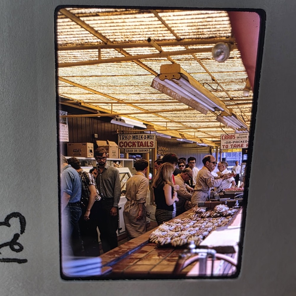 Vintage Seafood Market Photo 60s Fishermen Crab Pier 47 Crabs Signs 35mm Slide