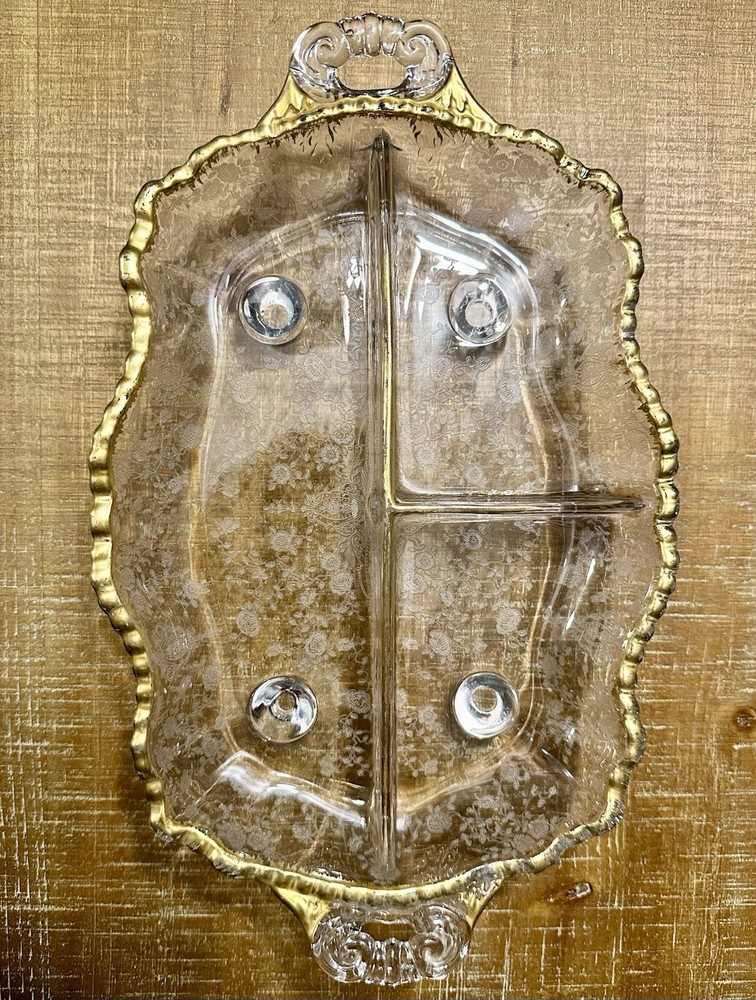 Stunning Vintage Gold Encrustd Cambridge Rose Point Stem 3500 3 Part Relish Dish