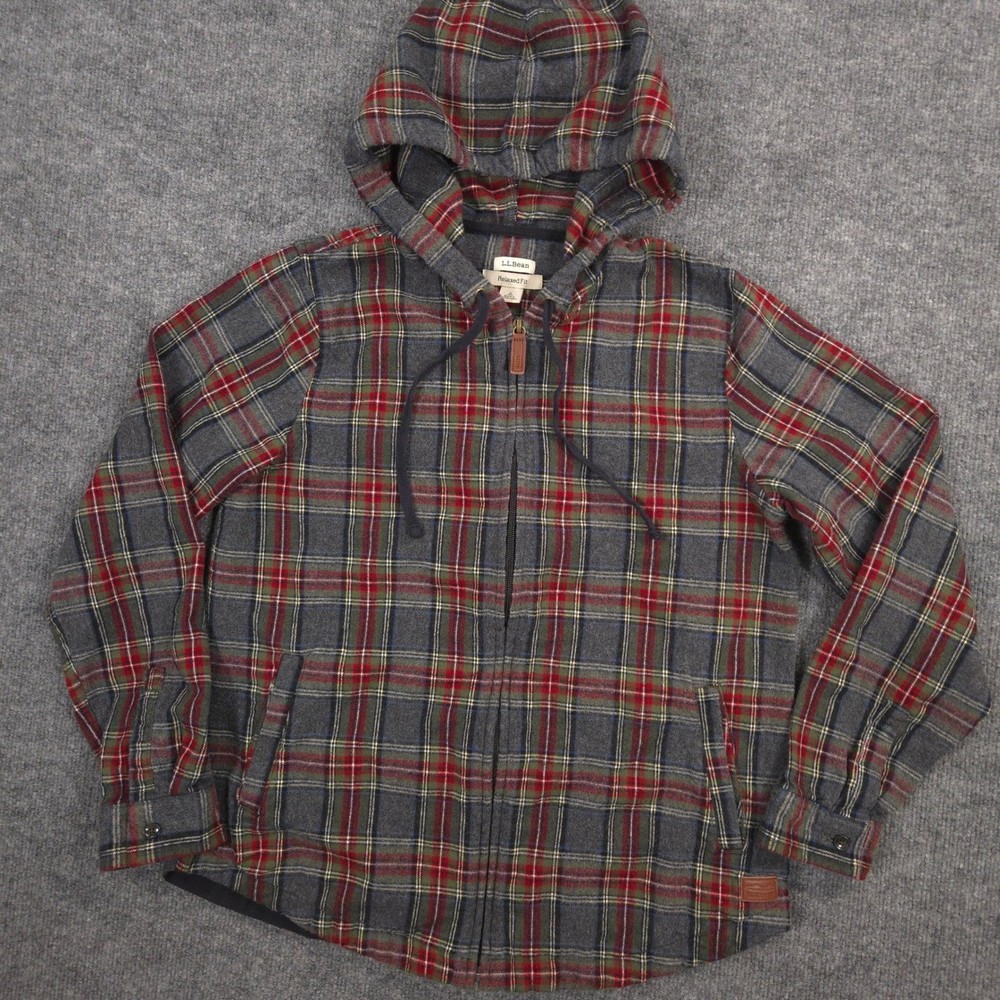 LL Bean Flannel Hoodie Womens Small Gray Red Scotch Plaid Full Zip Relaxed Fit