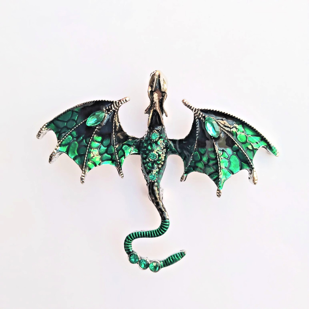 Dragon Pin Brooch Rhinestone Metal silver Finish Green Stone-