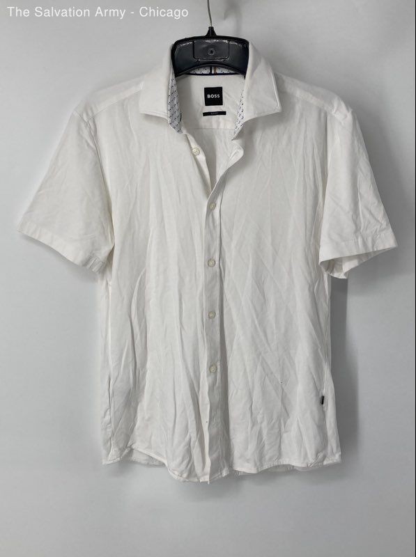 Boss Mens White Cotton Blend Short Sleeve Slim Fit Button-Up Shirt Size Medium