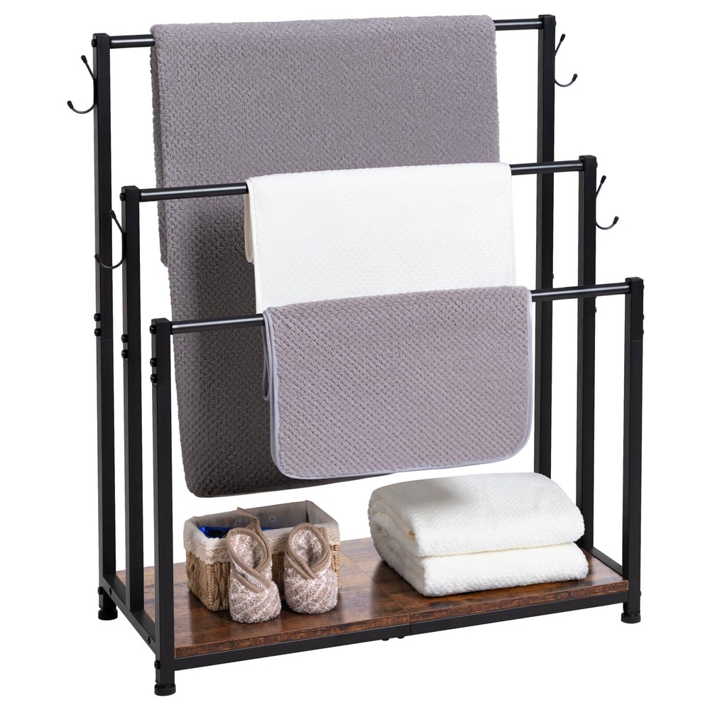 3 Tier Towel Rack with 4 Hooks, Freestanding Blanket Ladder, Towel Holder wit...