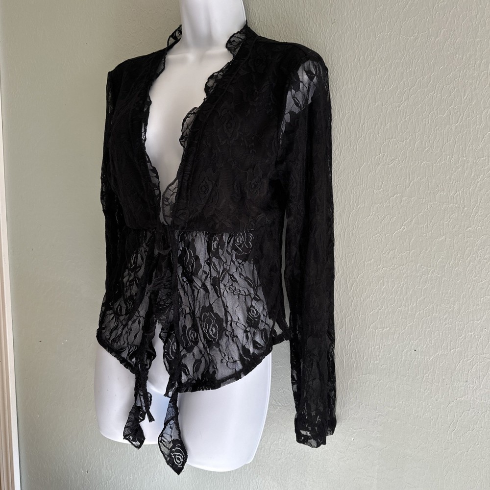 Whimsigoth front tie ruffle Sheer lace cardigan top Grunge Fairy Y2K Black XL