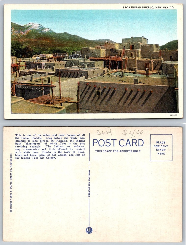 Vintage Taos Indian Pueblo New Mexico Postcard Southwest Arts & Crafts