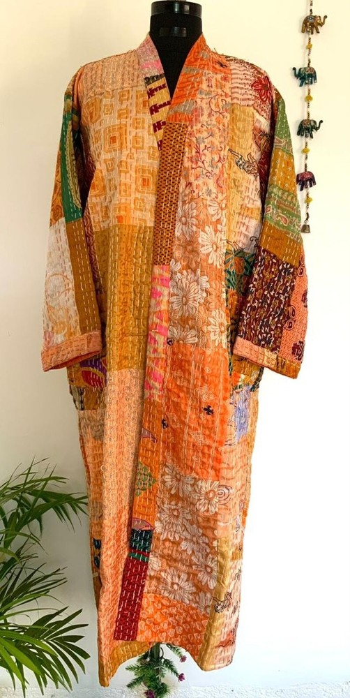 Indian Patchwork Kantha Jacket, Soft Silk Kantha Jacket, Cotton Bath Robe Kimono