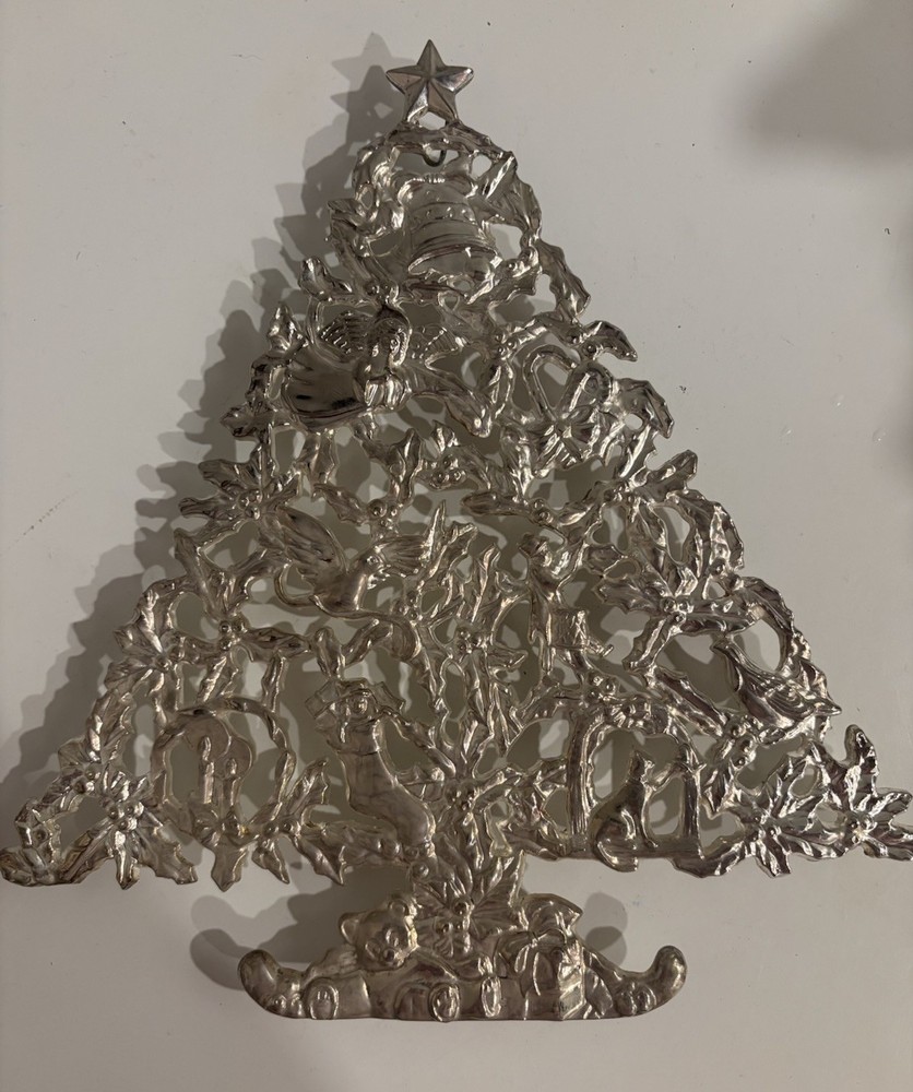 Vintage Silverplate Christmas Tree Trivet Metal Wall Art Hanging Holiday Decor