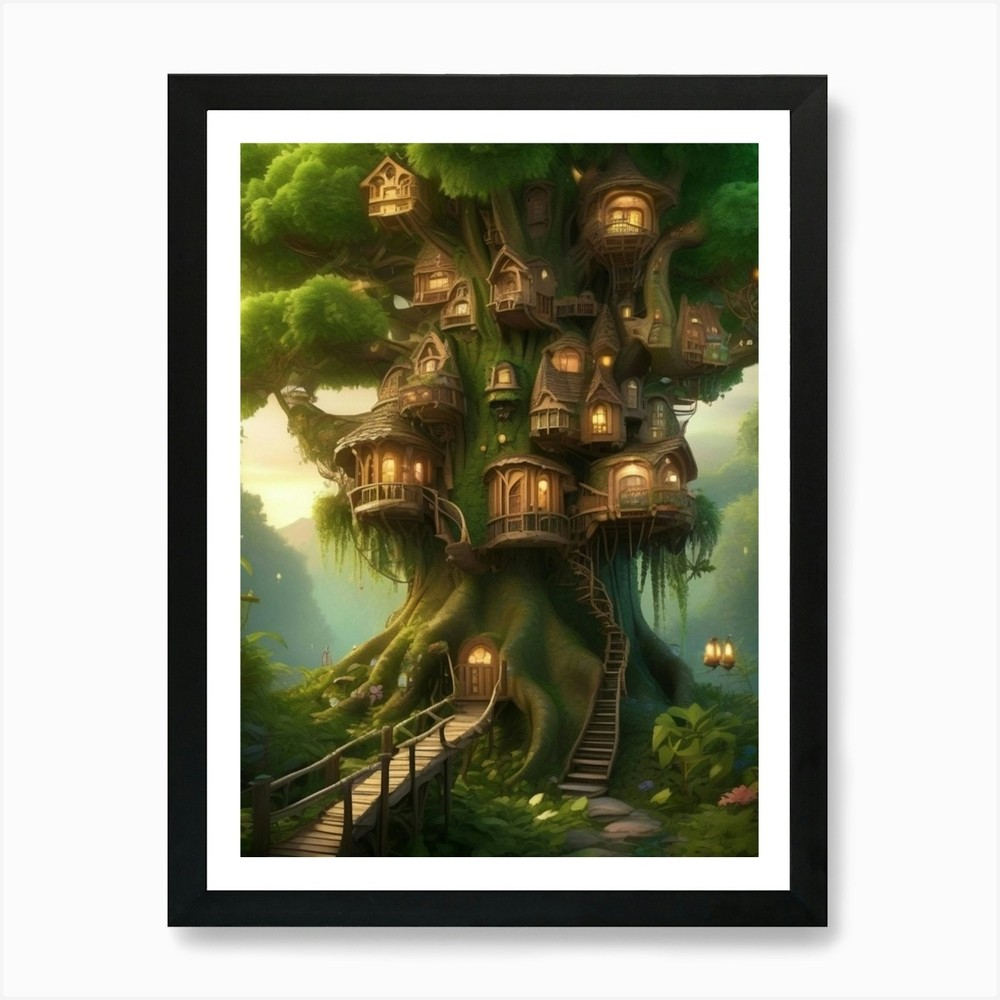 Framed Tree House Art Print - Canvas Wall Decor Poster Picture  