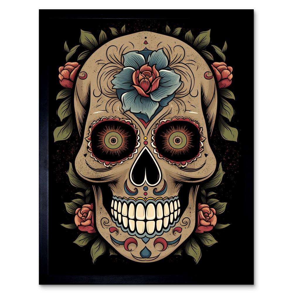 Old School USA Tattoo Day Dead Skull Rockabilly 50s Framed Print Wall Art 12x16