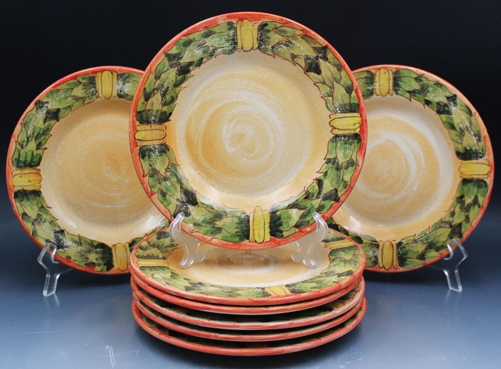 Vintage Italian Rubino Alabaster Greek Ceramic Set of 8 Luncheon Plates 8.75